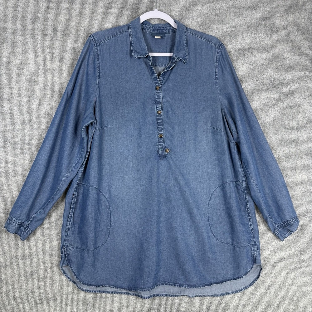 J. Jill Denim Size-L Women Shirt Indigo Shirttail Tunic Bristol Wash‎